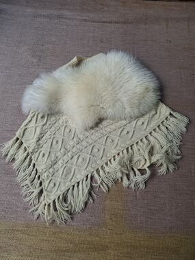 Cream Knit Fringe Cape with Faux Fur Collar